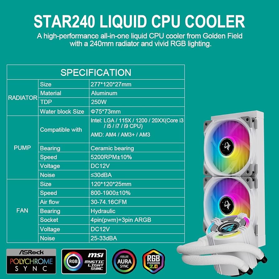 Golden Field Dragon Scale 240 (Double 12CM RGB FAN | Aluminum Radiator | Support Intel & AMD System)