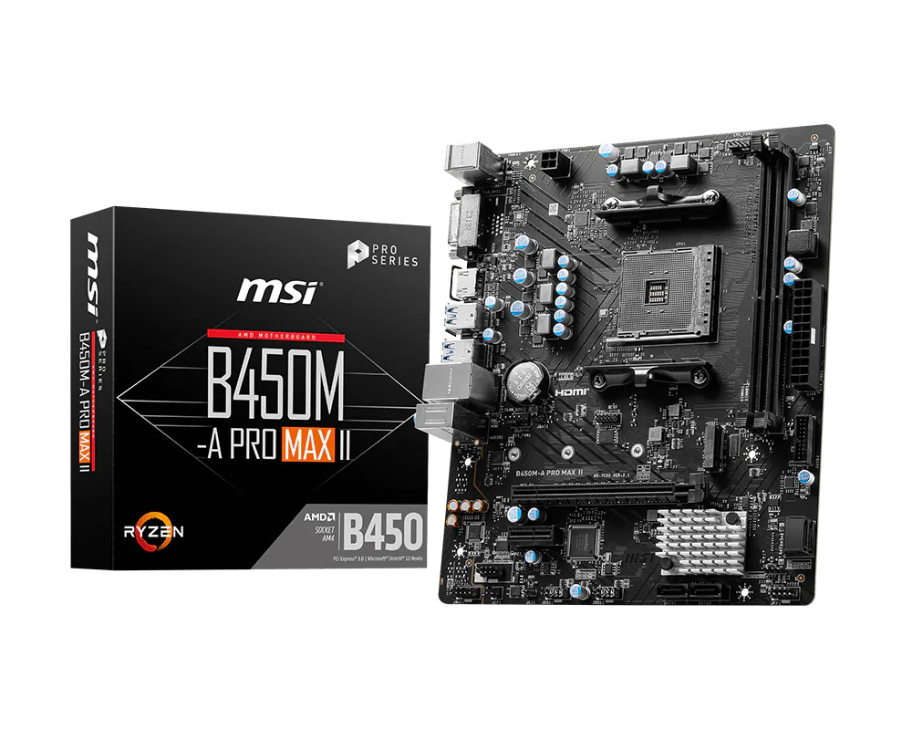 MSI B450-A PRO MAX II (m-ATX | Support Ryzen AM4 5000, 4000 & 3000 Series Processor | DDR4 | M.2 SSD | 2.5G LAN)